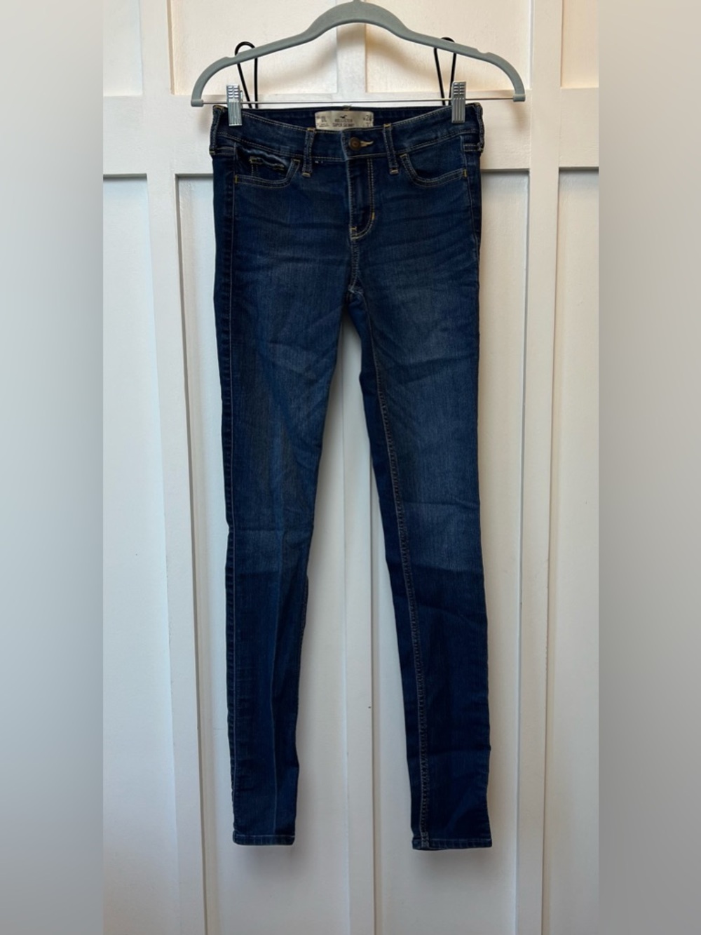 Hollister Super Skinny Denim Jeans Size 0 LONG W24 L33 Dark Wash Mid Rise Biker
